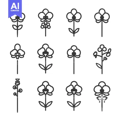 Set of 12 Line Art Orchid Flower Icons