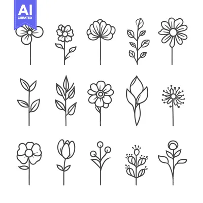 Popular premium asset: Set of 12 Line Drawings of Different Flowers and Floral Elements