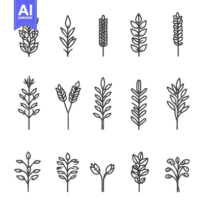 Aset premium populer: Set of 12 Line Drawings of Various Plant Sprouts and Stalks