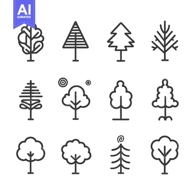 Aset premium populer: Set of 12 Line Icons Depicting Various Trees