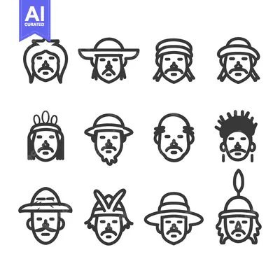 Aset premium populer: Set of 12 Line Icons of Different Male Faces with Hats and Hairstyles