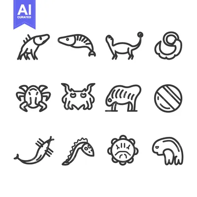 Aset desain premium: Set of 12 Line Icons of Extinct Animals