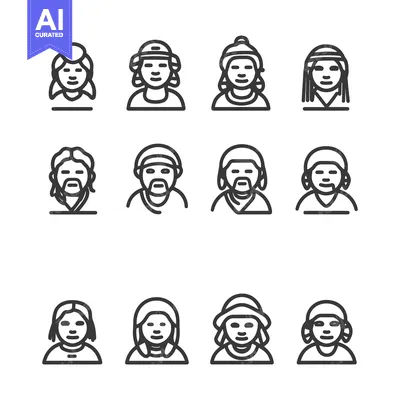 Aset desain premium: Set of 12 Line Icons of People with Different Hairstyles