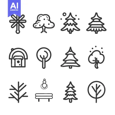 Aset desain premium: Set of 12 Line Icons of Trees, Plants, and Nature Elements