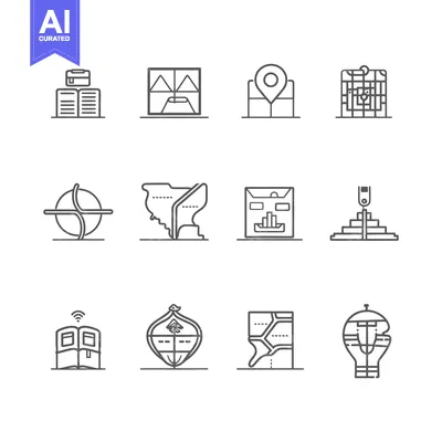 Aset desain premium: Set of 12 Line Icons Related to Locations and Navigation