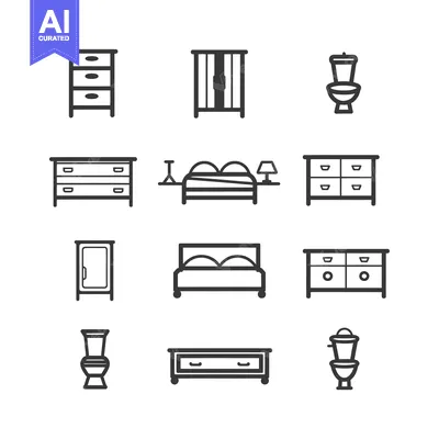 Set of 12 Line Icons Representing Interior Furniture and Bathroom Fixt