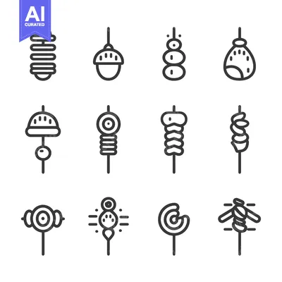 Set of 12 Line Icons Representing Various Food Items on Skewers