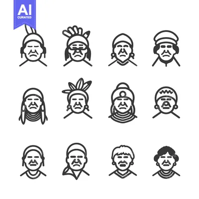 Aset desain premium: Set Of 12 Native American Chief Head Icons In Line Style 33770