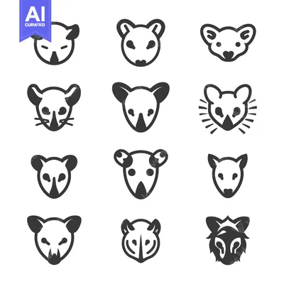 Aset desain premium: Set of 12 Opossum Head Icons in Black and White