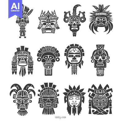 Premium design asset: Set of 12 Ornate Black and White Native American Masks