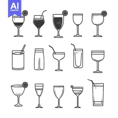 Aset premium populer: Set of 12 Outline Cocktail Glasses with and without Straws
