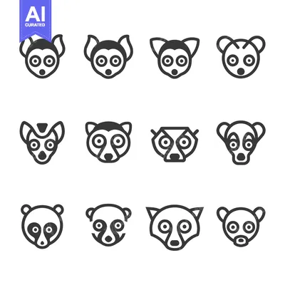 Aset premium populer: Set of 12 outlined lemur faces in various styles