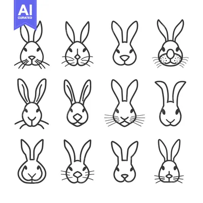 Set of 12 Simple Line Art Bunny Rabbit Face Illustrations