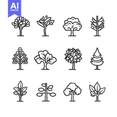 Aset desain premium: Set of 12 Simple Line Drawings of Different Tree Types