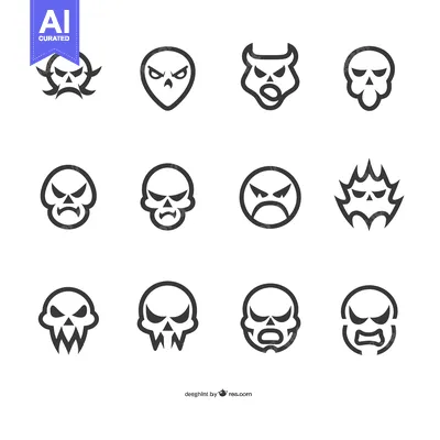 Set of 12 Skull Icons with Different Expressions
