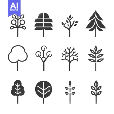 Aset premium populer: Set of 12 stylized tree icons in black and white