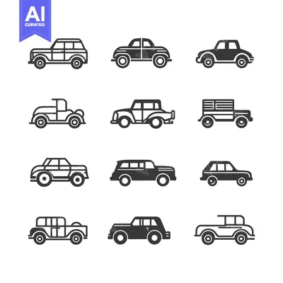 Set of 12 Vintage Car Icons in Black and White