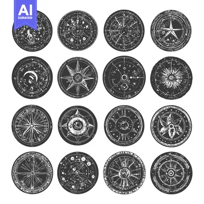 Set of 12 Vintage Hand-Drawn Celestial Compass Designs