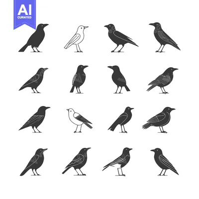 Aset premium populer: Set of 14  Black and White Silhouette Crow Bird Icons