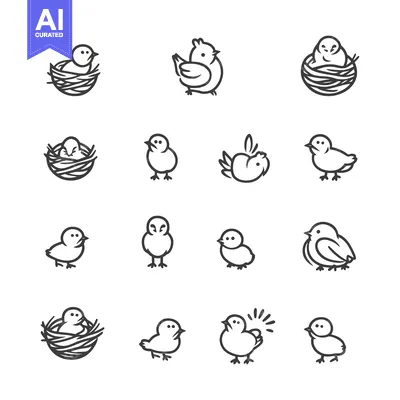 Premium design asset: Set of 14 Line Art Illustrations of Baby Birds