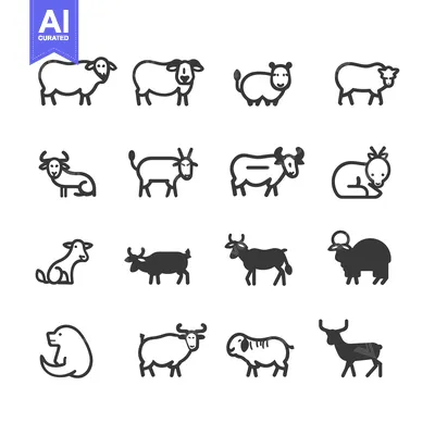 Set of 14 Line Icons of Farm Animals