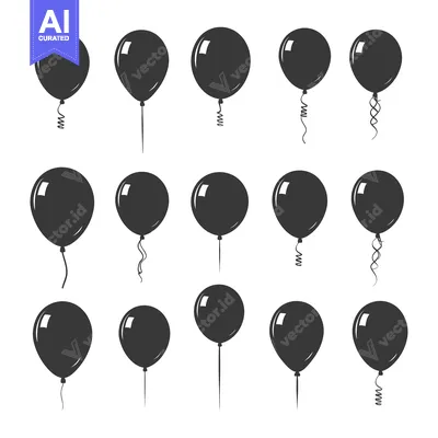 Aset desain premium: Set of 15 Black and White Balloon Silhouettes with Various String Styl