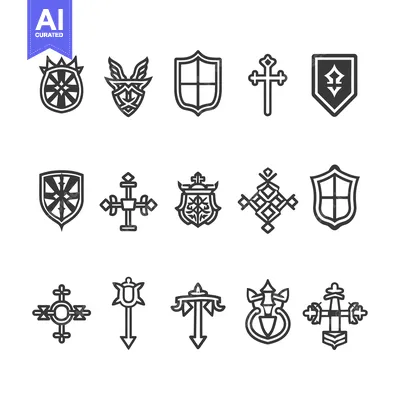 Premium design asset: Set of 15 Black and White Ornamental Shield, Cross and Arrow Icons