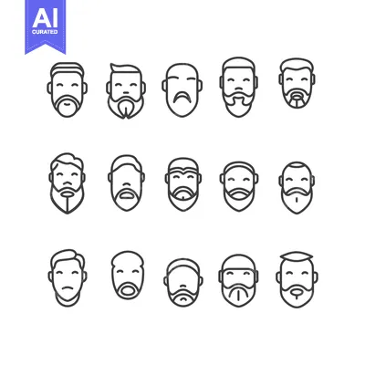Set of 15 Line Icons Representing Different Men's Faces with Various H