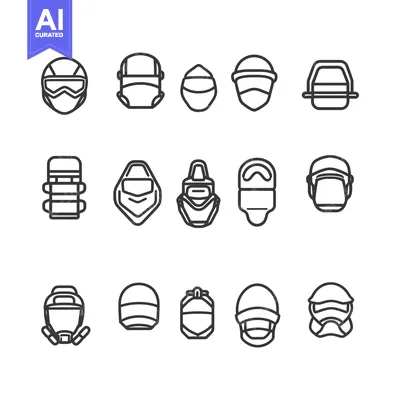 Set of 15 Outline Icons of Different Types of Helmets