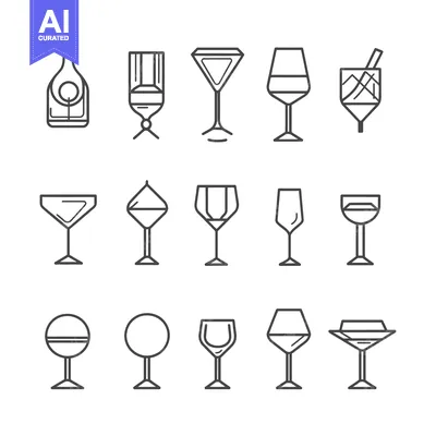 Set of 15 Wine and Cocktail Glass Outline Icons