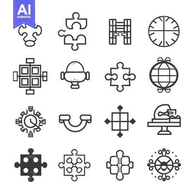 Aset desain premium: Set of 16 Abstract Geometric Puzzle Icons with Shapes, Lines, and Dots