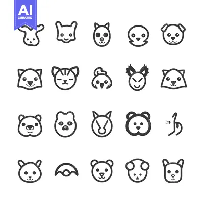 Set of 16 Animal Face Icons in Outline Style