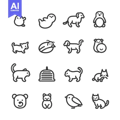 Set of 16 Animal Icons in Outline Style