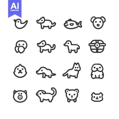 Set of 16 Animal Icons in Outline Style