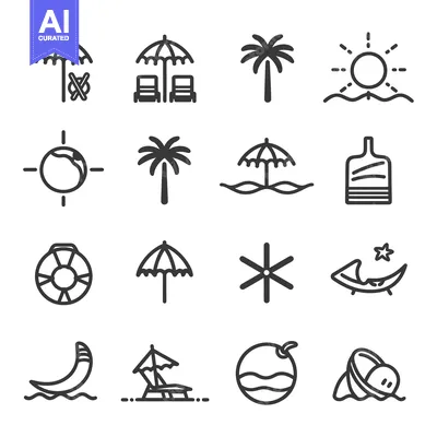 Set of 16 Beach and Summer Related Line Icons
