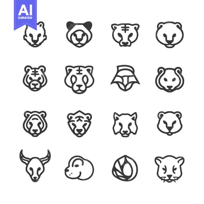 Popular premium asset: Set of 16 Black and White Animal Head Line Icons
