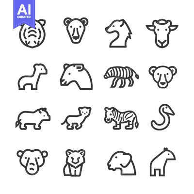 Aset premium populer: Set of 16 Black and White Animal Line Icons