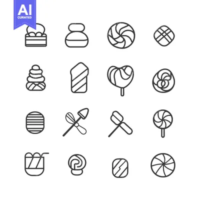 Set of 16 Black and White Candy Icon Line Art Illustrations