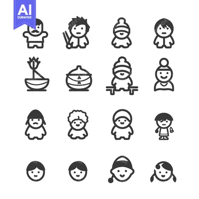 Aset premium populer: Set of 16 Black and White Cartoon People Icons