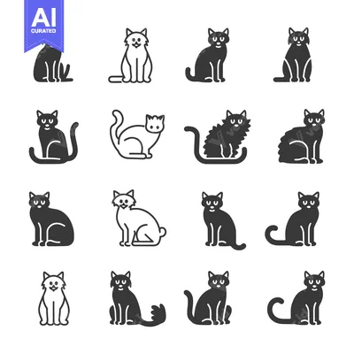 Set of 16 Black and White Cat Icons in Different Poses