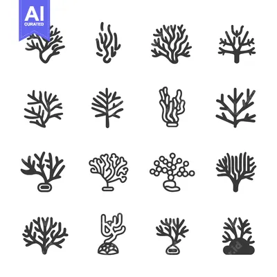 Set of 16 Black and White Coral Reef Icons