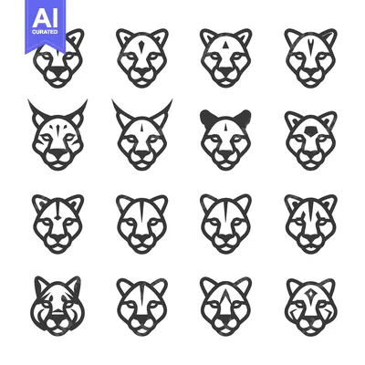 Aset desain premium: Set of 16 Black and White Cougar Heads with Various Facial Markings