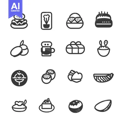 Set of 16 Black and White Food Icons