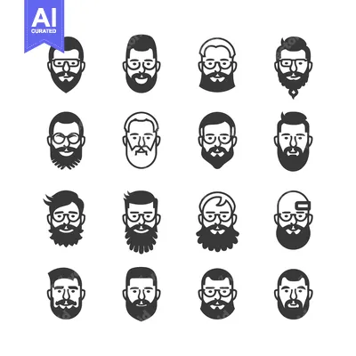 Set of 16 Black and White Icons Depicting Bearded Men with Glasses