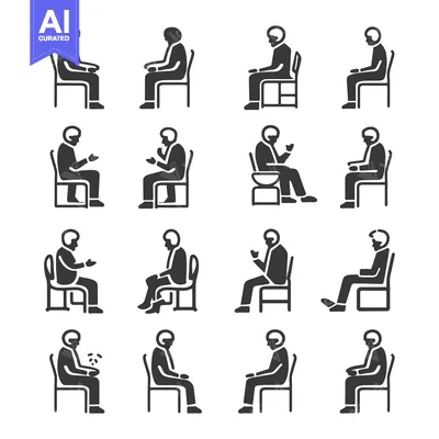Aset premium populer: Set of 16 Black and White Icons Depicting People Sitting in Different