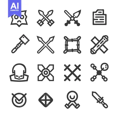 Aset premium populer: Set of 16 Black and White Linear Icons Depicting Weapons and Traps