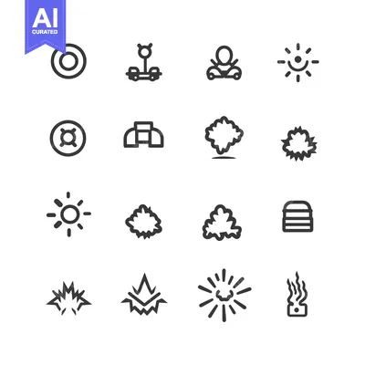 Aset desain premium: Set of 16 Black and White Line Art Icons Related to Explosions, Sun, a