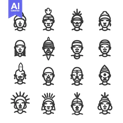 Set of 16  Black and White Line Art Portraits of Native American Peopl
