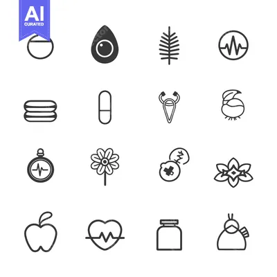 Set of 16 Black and White Line Icons for Healthcare and Wellness