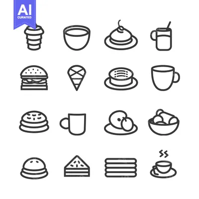 Set of 16  Black and White Line Icons of Desserts, Drinks, and Snacks